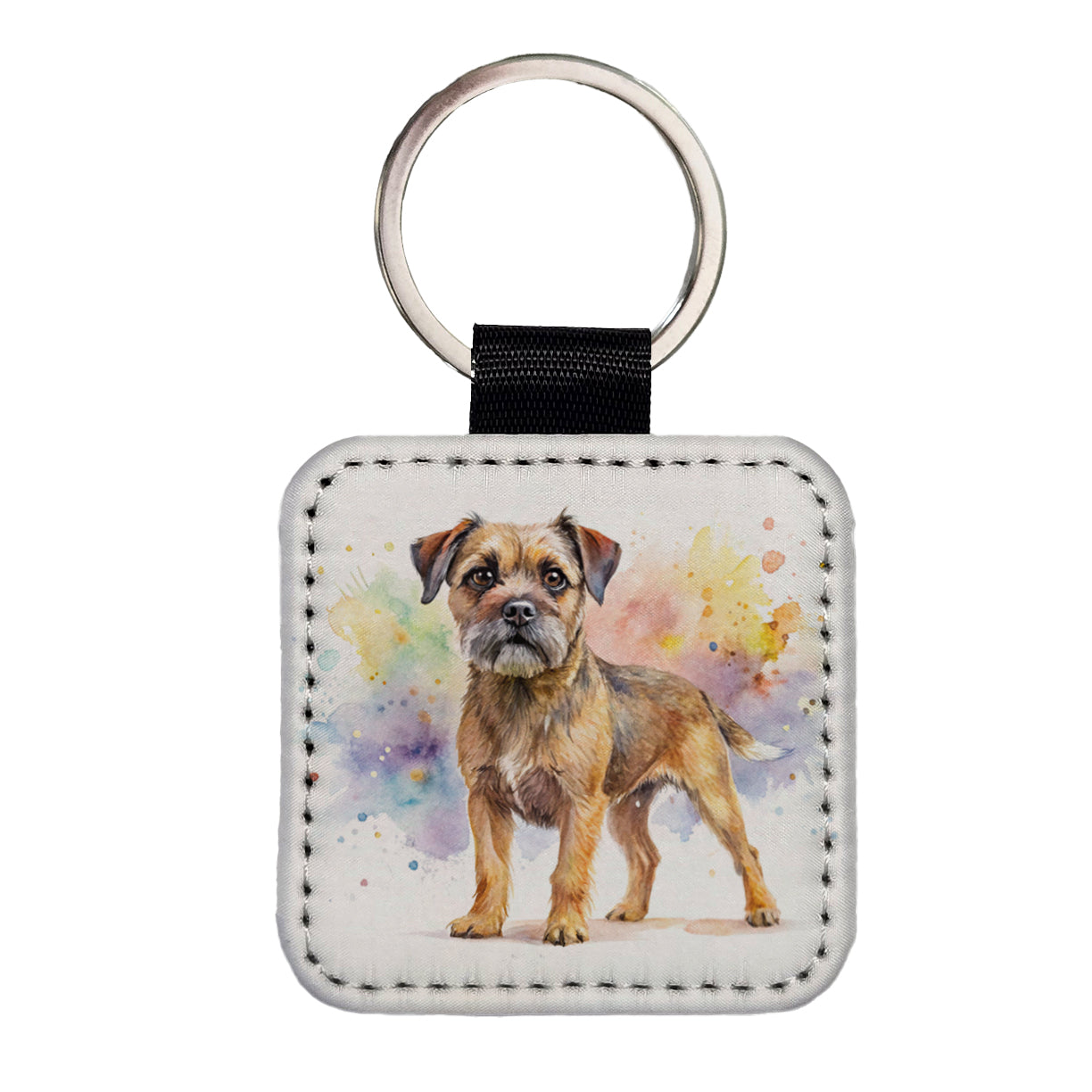 Border Terrier Dog Watercolor Style Square Faux Leather Keychain