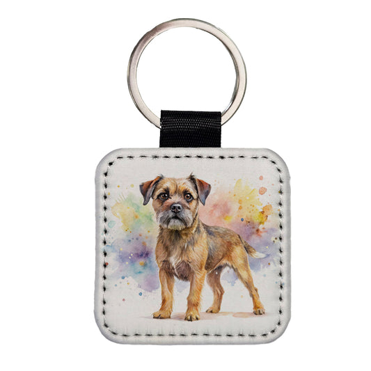 Border Terrier Dog Watercolor Style Square Faux Leather Keychain