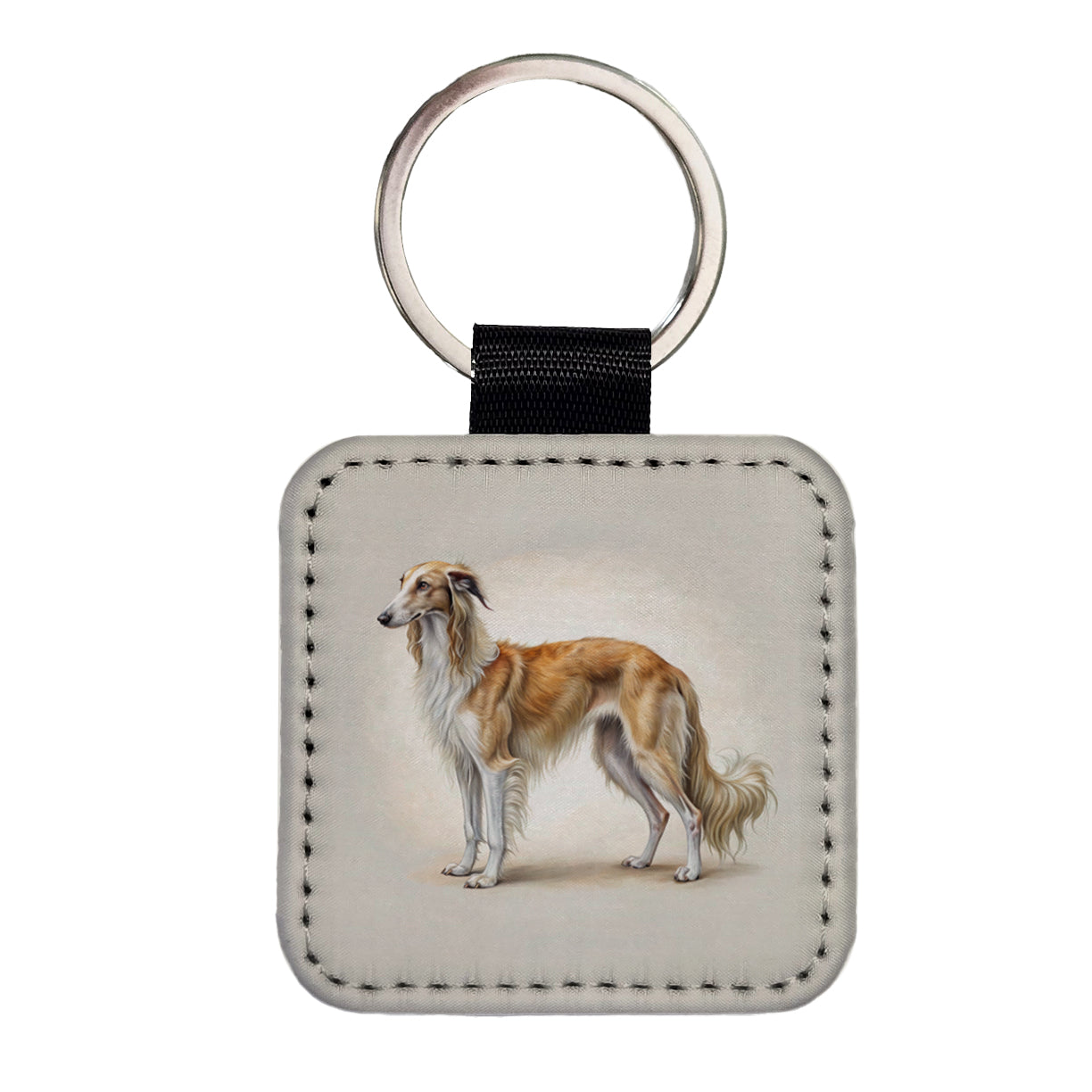 Borzoi Dog Illustration Square Faux Leather Keychain