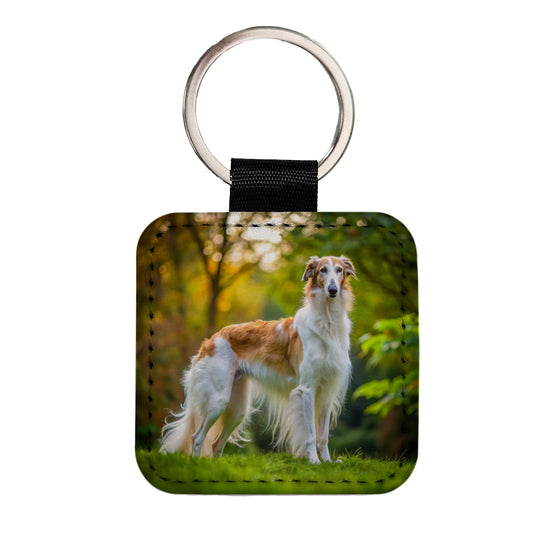 Borzoi Dog Photo Square Faux Leather Keychain