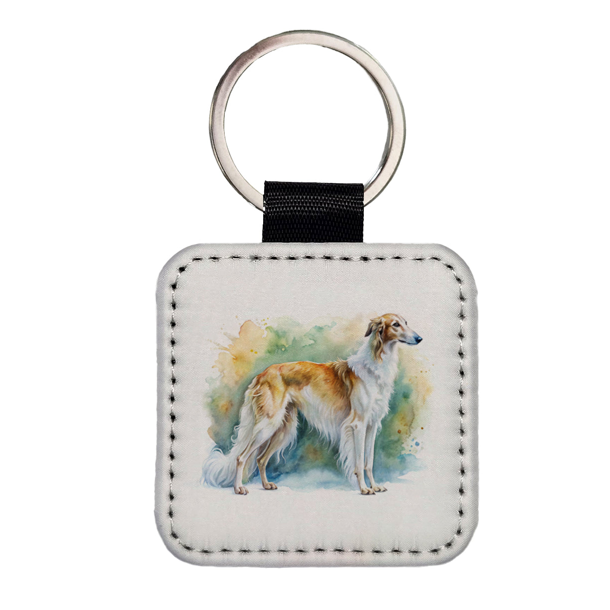 Borzoi Dog Watercolor Style Square Faux Leather Keychain