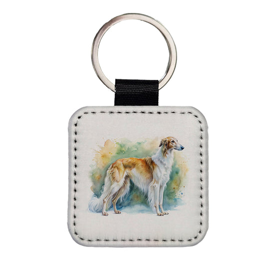 Borzoi Dog Watercolor Style Square Faux Leather Keychain