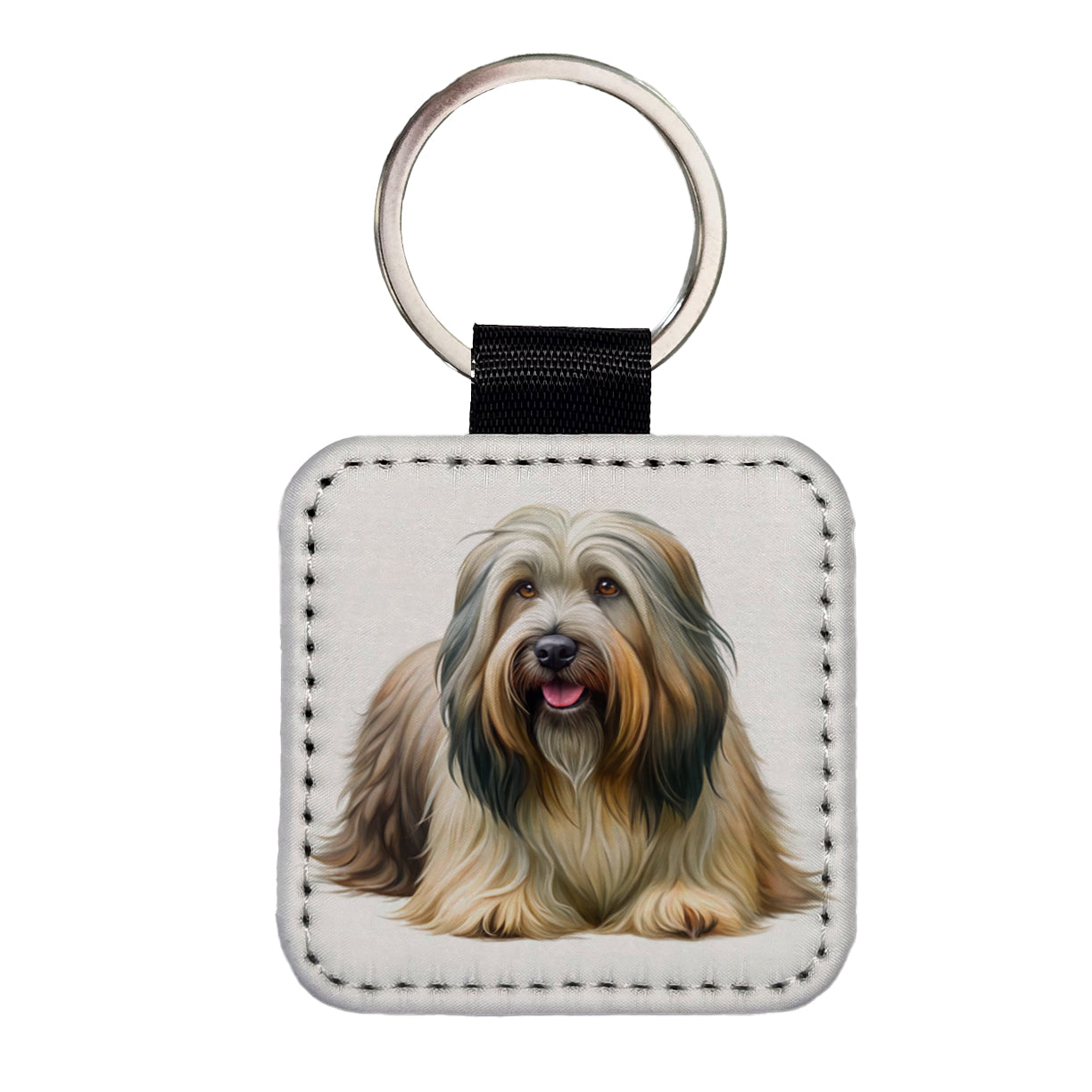 Briard Dog Illustration Square Faux Leather Keychain