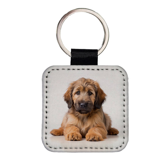Briard Dog Puppy Photo Square Faux Leather Keychain