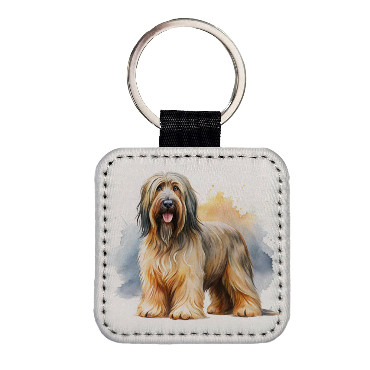 Briard Dog Watercolor Style Square Faux Leather Keychain