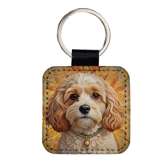 Cavachon Dog Art Nouveau Square Faux Leather Keychain