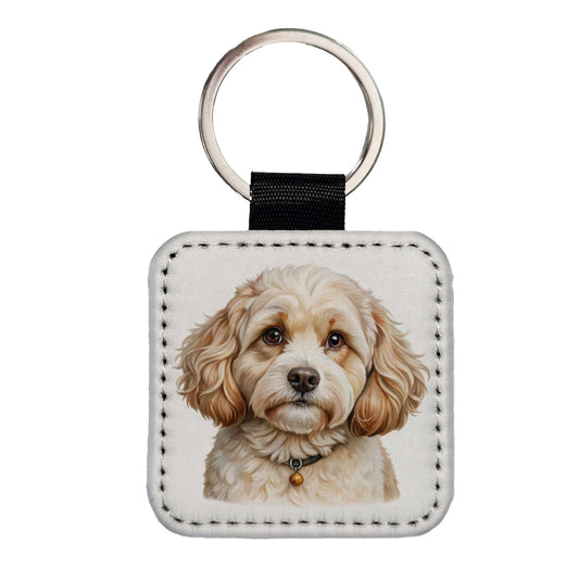 Cavachon Dog Illustration Square Faux Leather Keychain
