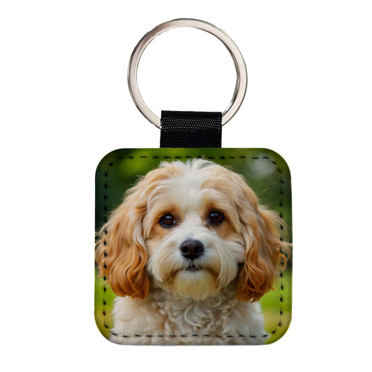 Cavachon Dog Photo Square Faux Leather Keychain