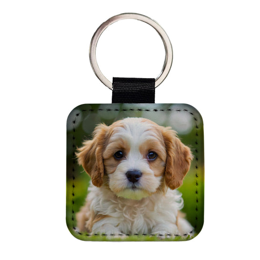 Cavachon Dog Puppy Photo Square Faux Leather Keychain