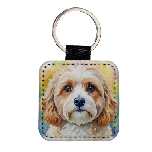 Cavachon Dog Watercolor Style Square Faux Leather Keychain