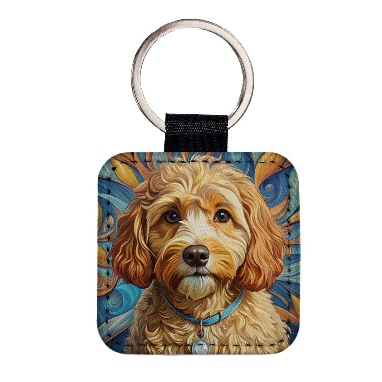 Cavapoo Dog Art Nouveau Square Faux Leather Keychain