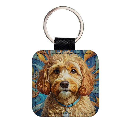 Cavapoo Dog Art Nouveau Square Faux Leather Keychain