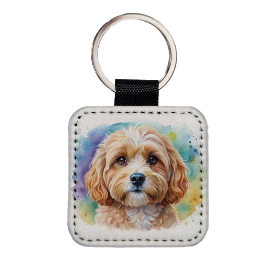 Cavapoo Dog Watercolor Style Square Faux Leather Keychain