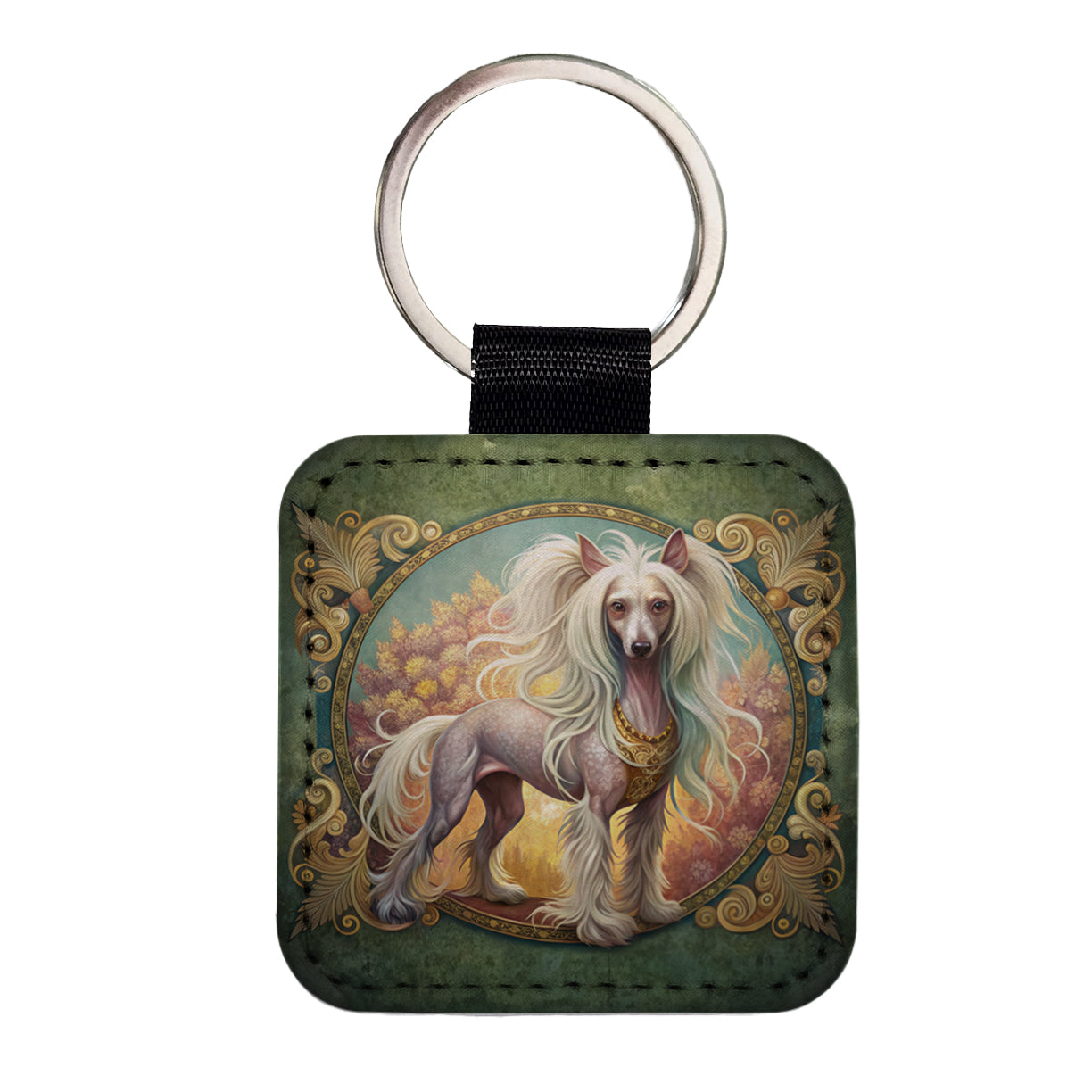 Chinese Crested Dog Art Nouveau Square Faux Leather Keychain