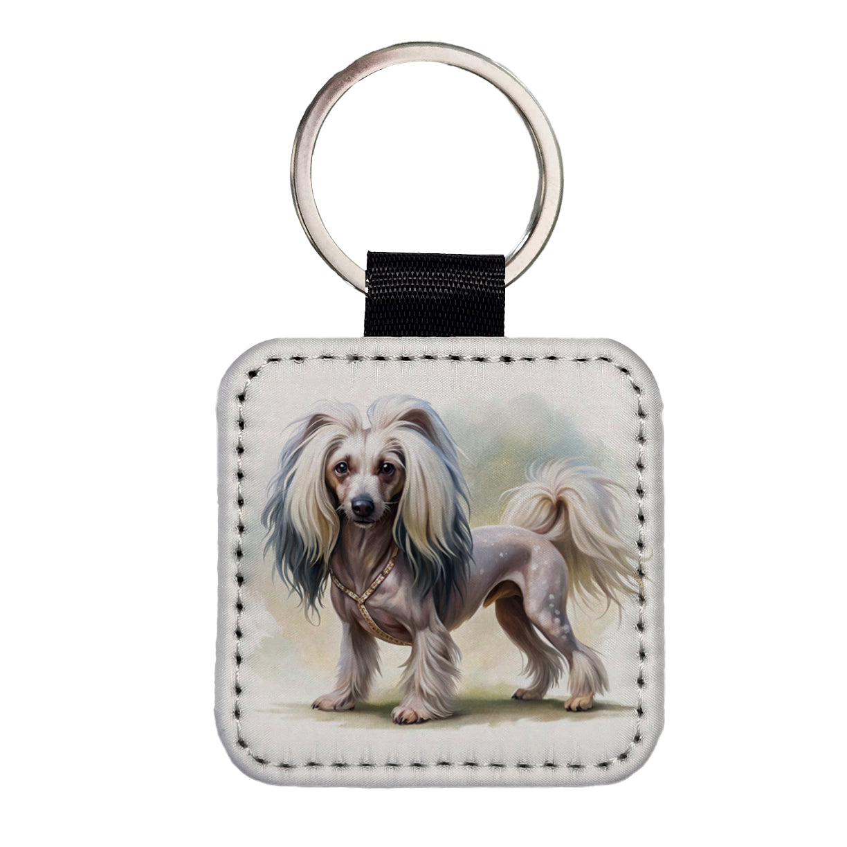 Chinese Crested Dog Illustration Square Faux Leather Keychain
