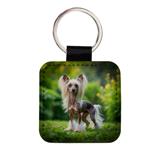 Chinese Crested Dog Photo Square Faux Leather Keychain