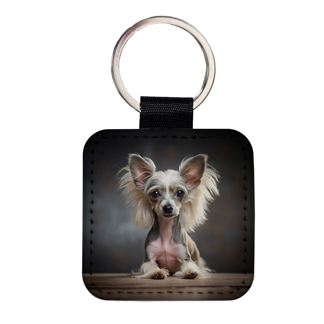 Chinese Crested Dog Puppy Photo Square Faux Leather Keychain