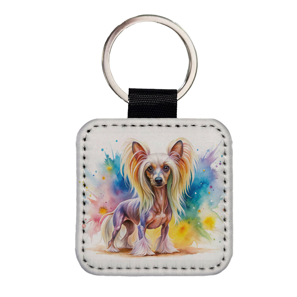 Chinese Crested Dog Watercolor Style Square Faux Leather Keychain