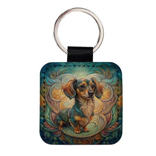 Chiweenie Dog Art Nouveau Square Faux Leather Keychain