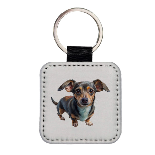 Chiweenie Dog Illustration Square Faux Leather Keychain