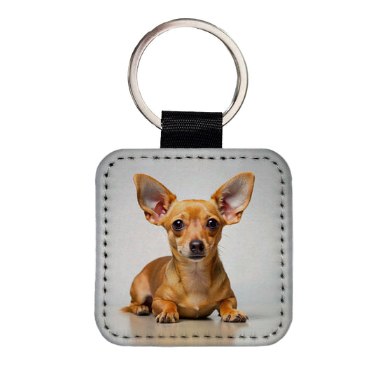 Chiweenie Dog Photo Square Faux Leather Keychain