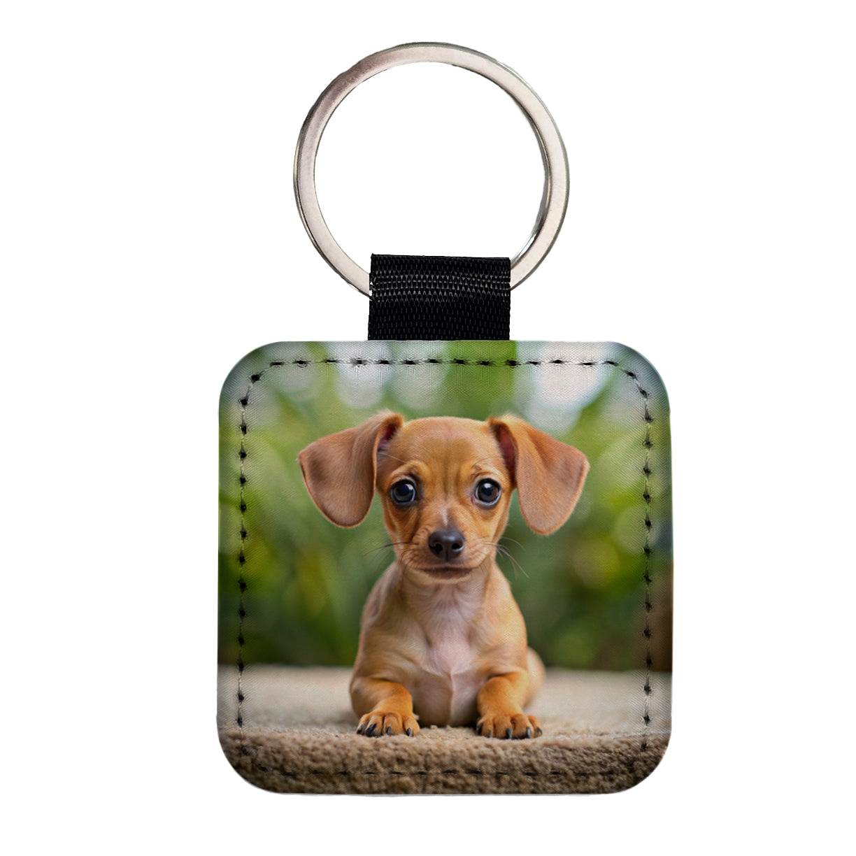Chiweenie Dog Puppy Photo Square Faux Leather Keychain