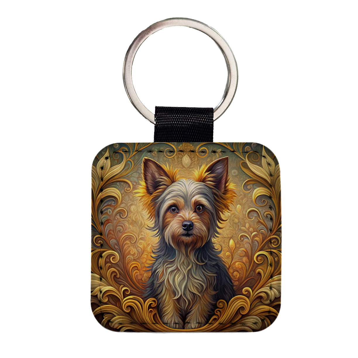 Chorkie Dog Art Nouveau Square Faux Leather Keychain