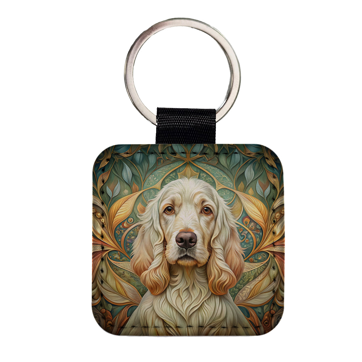 Clumber Spaniel Dog Art Nouveau Square Faux Leather Keychain