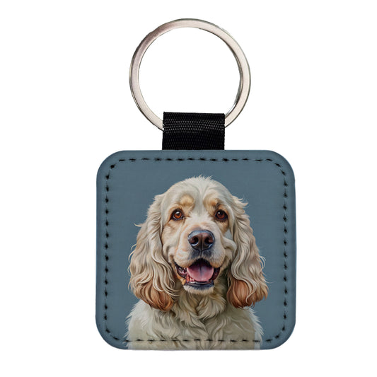 Clumber Spaniel Dog Illustration Square Faux Leather Keychain