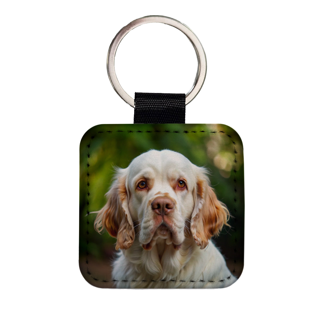 Clumber Spaniel Dog Photo Square Faux Leather Keychain