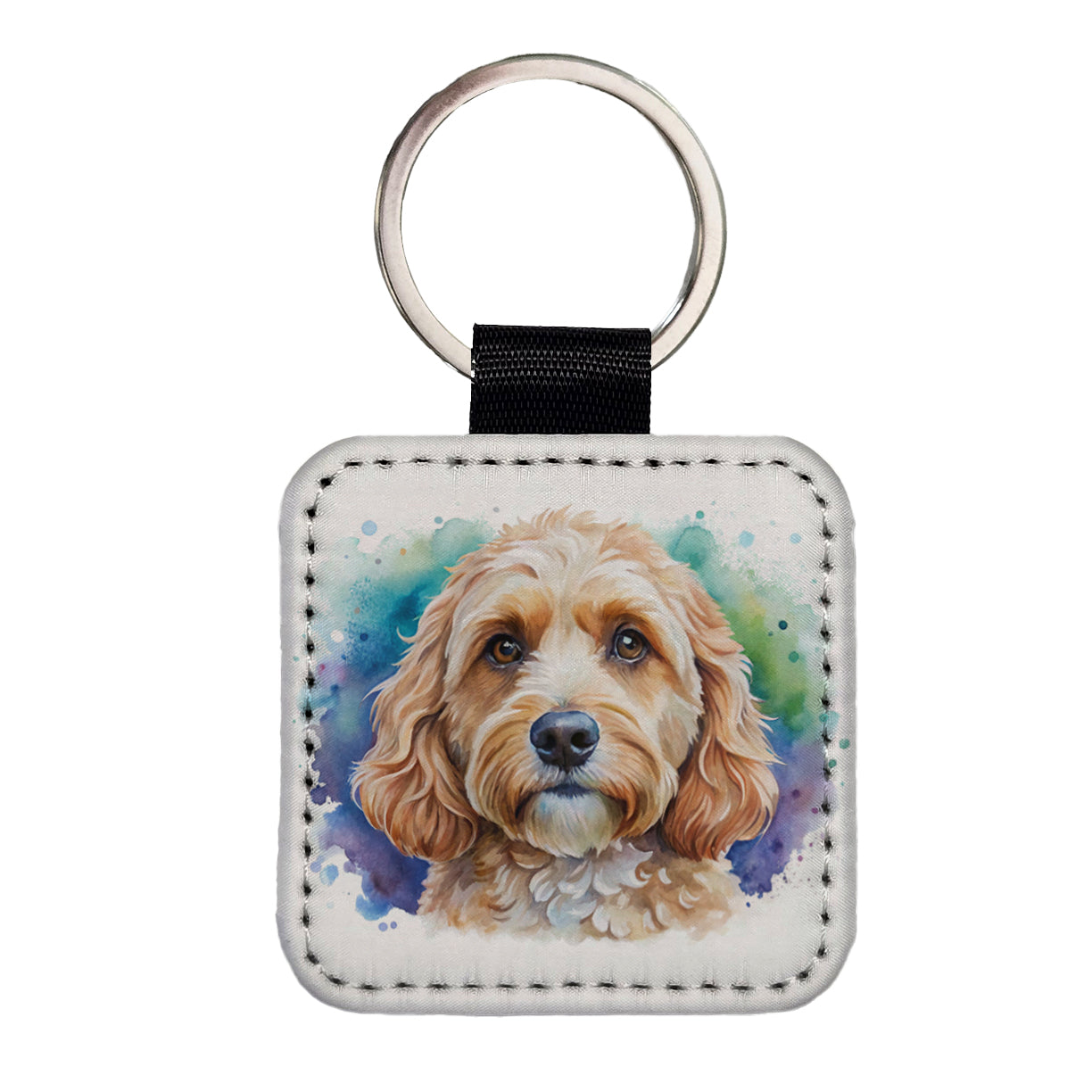 Cockapoo Dog Watercolor Style Square Faux Leather Keychain
