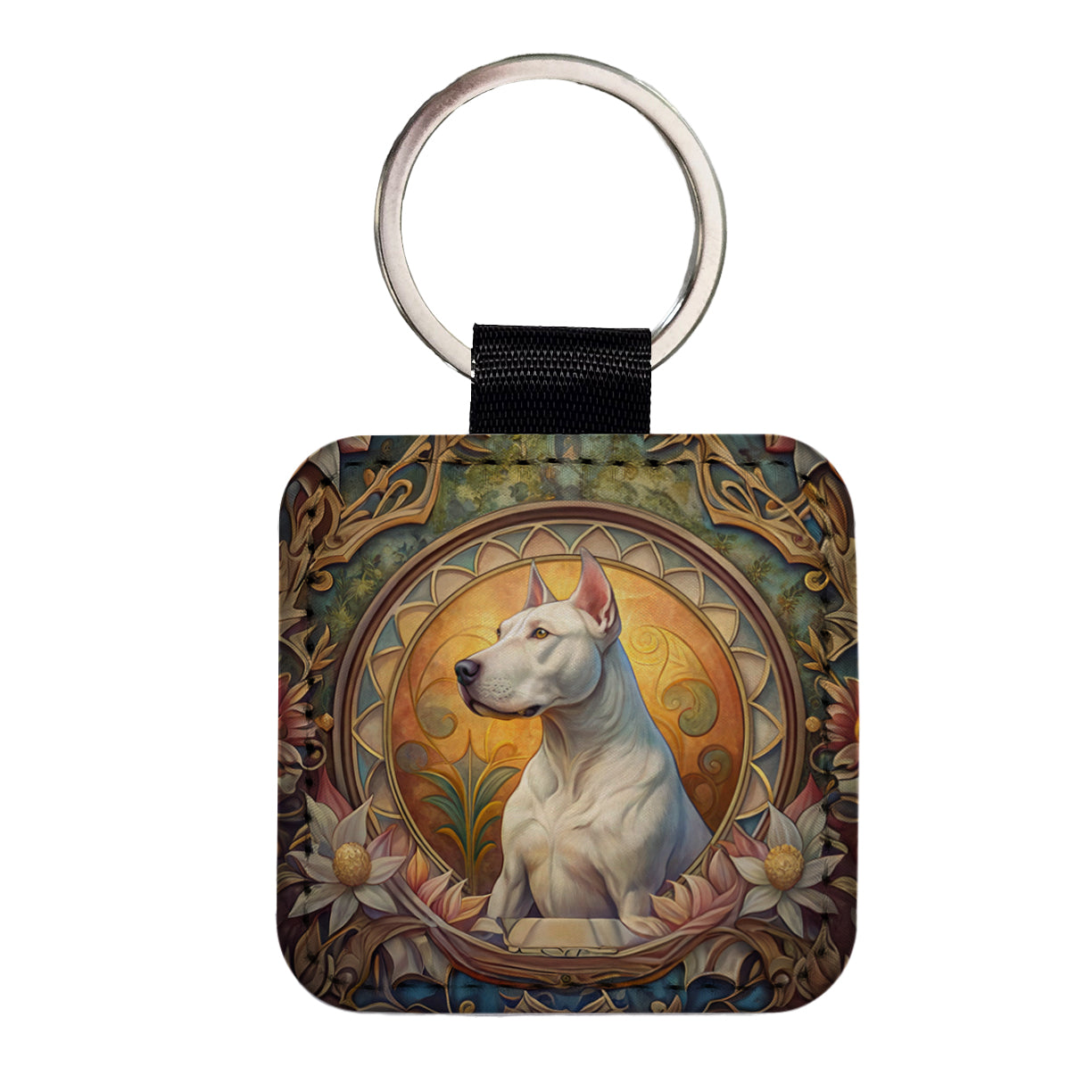Dogo Argentino Dog Art Nouveau Square Faux Leather Keychain