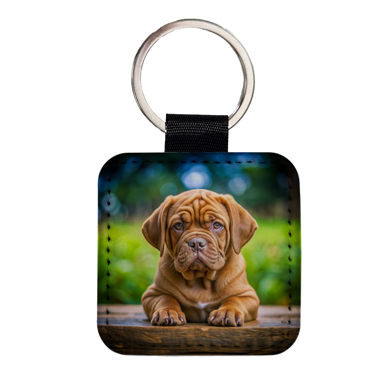 Dogues De Bordeaux Dog Puppy Photo Square Faux Leather Keychain