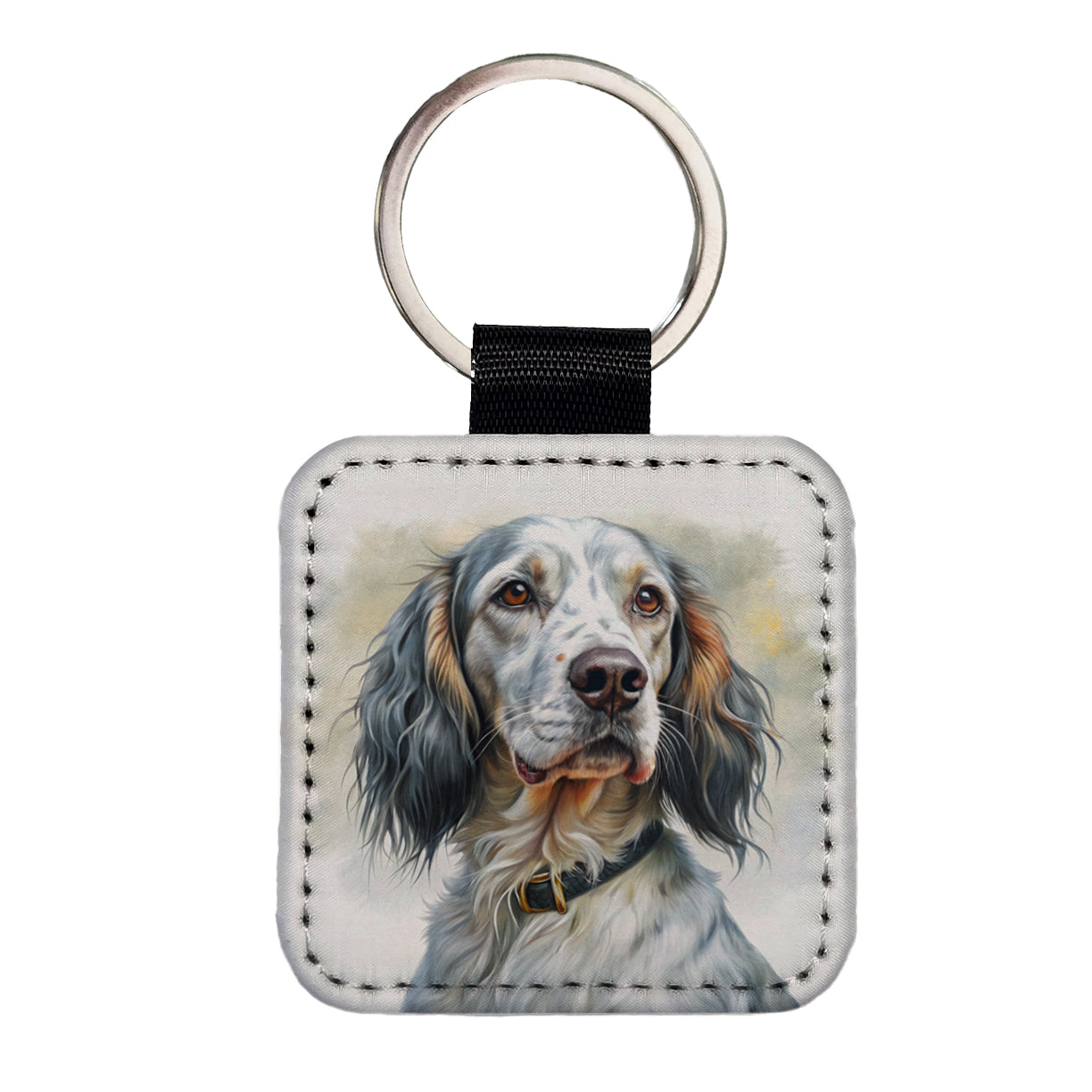 English Setter Dog Illustration Square Faux Leather Keychain