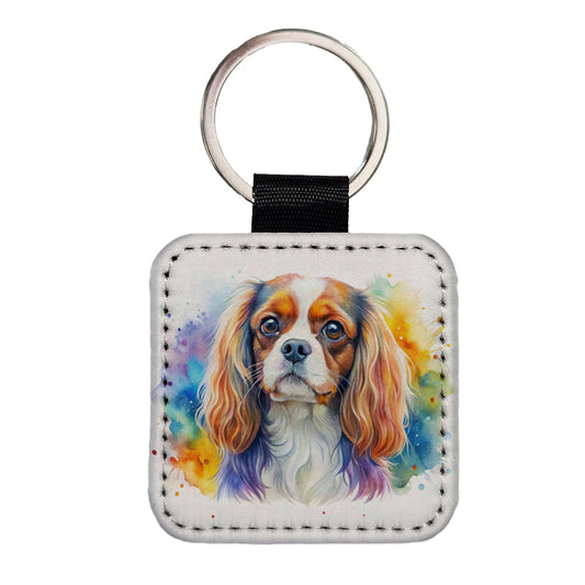English Toy Spaniel Dog Watercolor Style Square Faux Leather Keychain