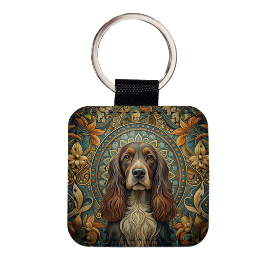 Field Spaniel Dog Art Nouveau Square Faux Leather Keychain