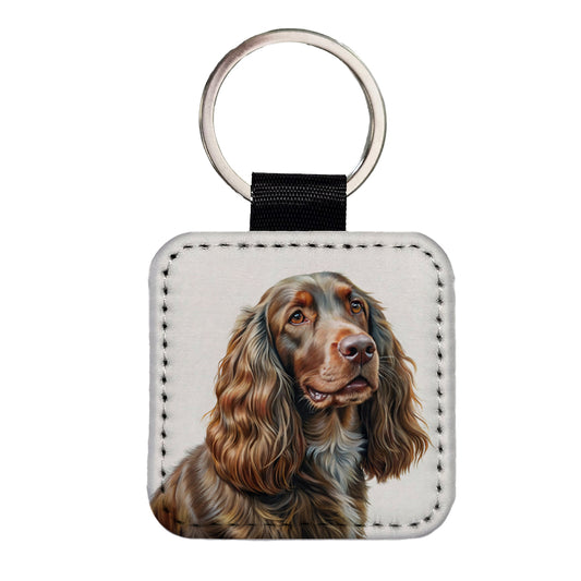 Field Spaniel Dog Illustration Square Faux Leather Keychain