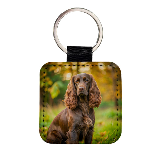Field Spaniel Dog Photo Square Faux Leather Keychain