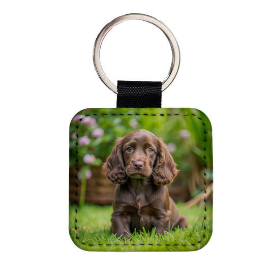 Field Spaniel Dog Puppy Photo Square Faux Leather Keychain