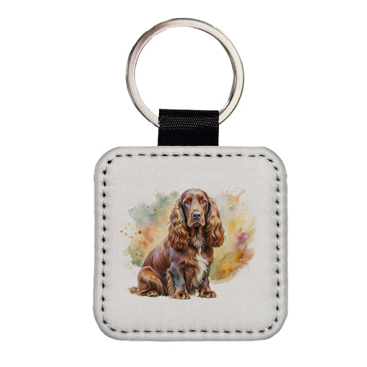 Field Spaniel Dog Watercolor Style Square Faux Leather Keychain