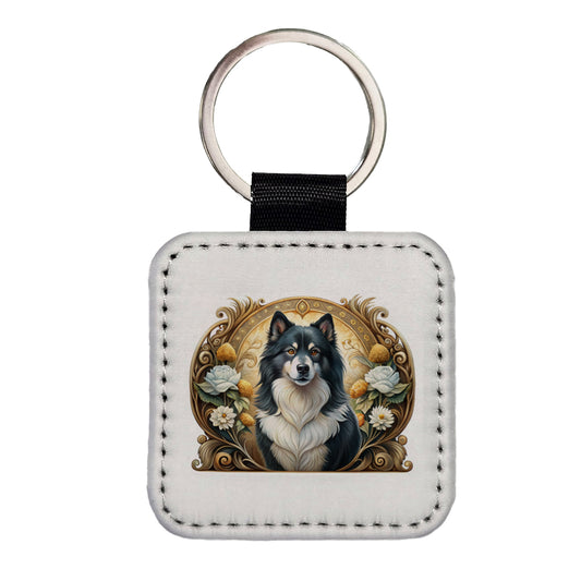 Finnish Lapphund Dog Art Nouveau Square Faux Leather Keychain