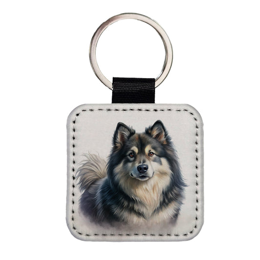 Finnish Lapphund Dog Illustration Square Faux Leather Keychain