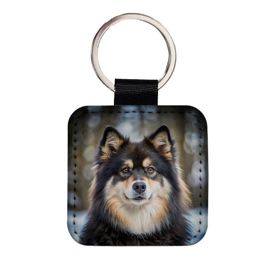 Finnish Lapphund Dog Photo Square Faux Leather Keychain