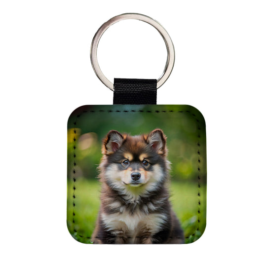 Finnish Lapphund Dog Puppy Photo Square Faux Leather Keychain
