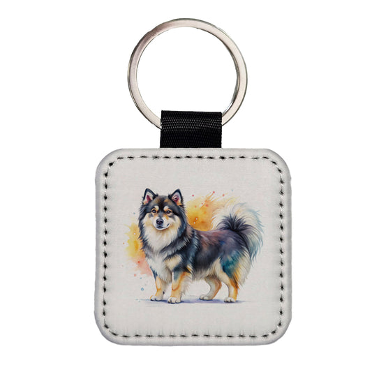 Finnish Lapphund Dog Watercolor Style Square Faux Leather Keychain