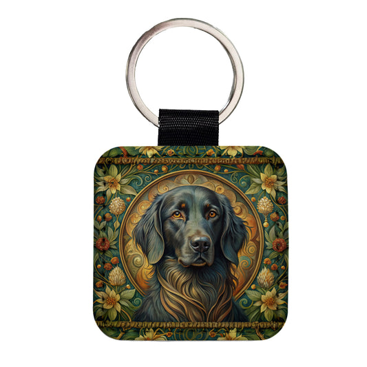 Flat Coated Retriever Dog Art Nouveau Square Faux Leather Keychain