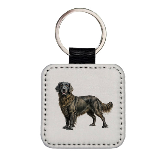 Flat Coated Retriever Dog Illustration Square Faux Leather Keychain