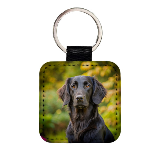 Flat Coated Retriever Dog Photo Square Faux Leather Keychain
