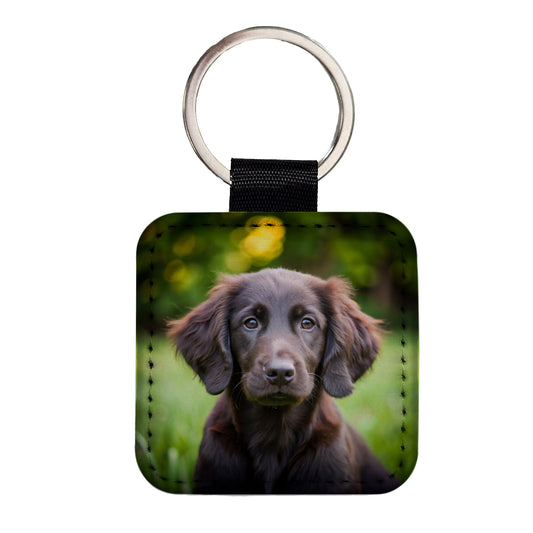 Flat Coated Retriever Dog Puppy Photo Square Faux Leather Keychain