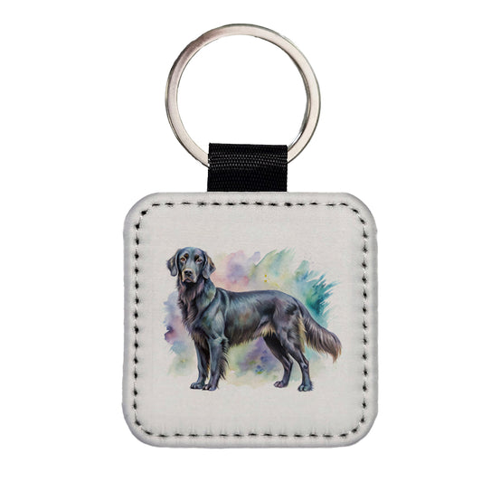 Flat Coated Retriever Dog Watercolor Style Square Faux Leather Keychain